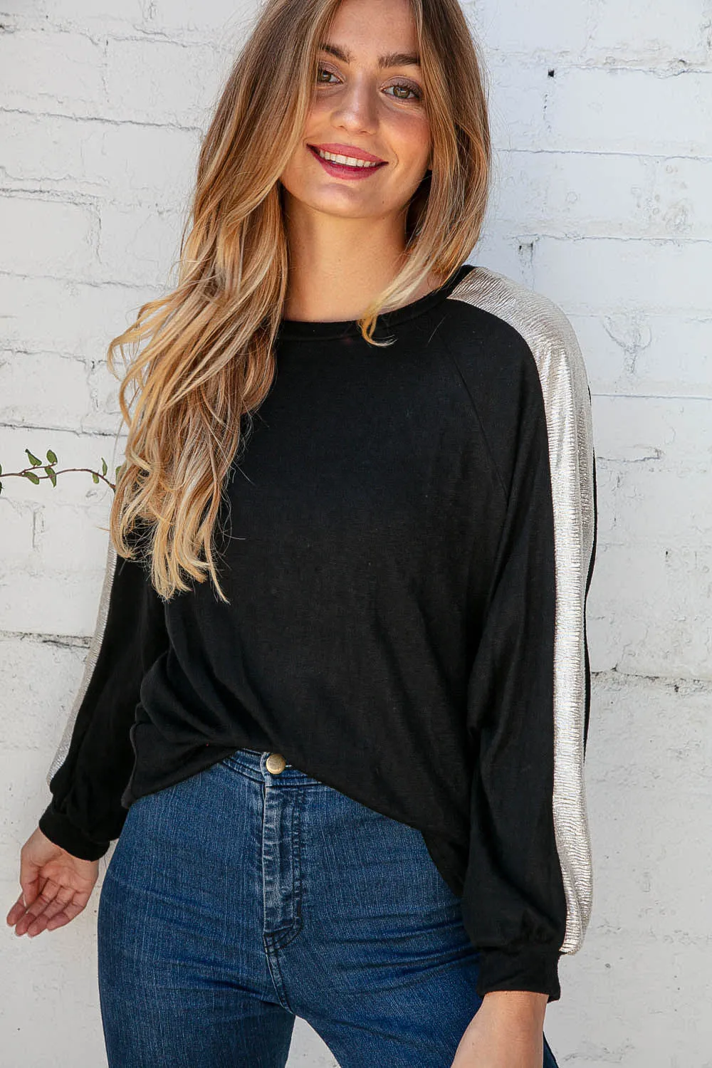 Black Cashmere Feel Shimmer Foil Long Sleeve Raglan