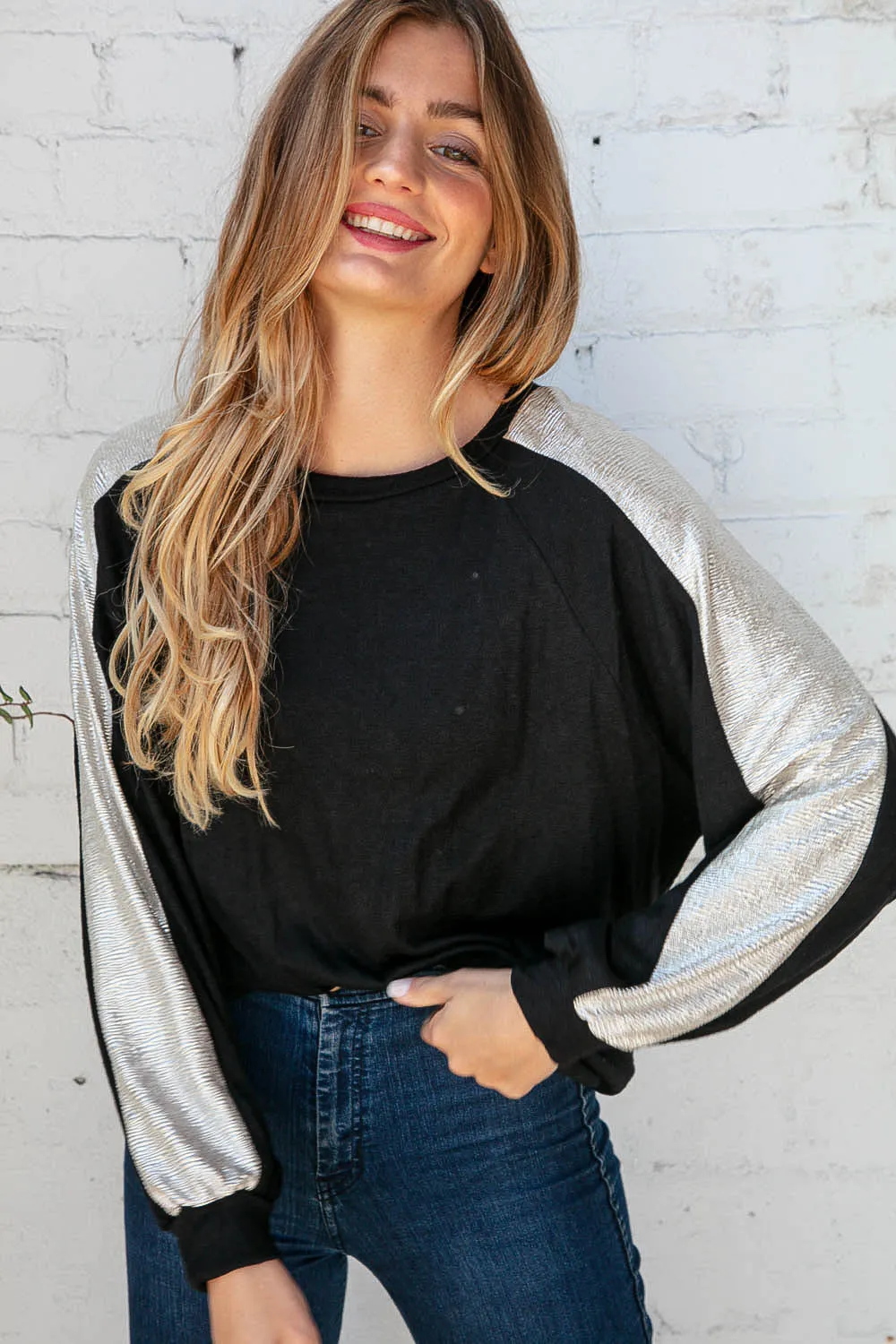 Black Cashmere Feel Shimmer Foil Long Sleeve Raglan