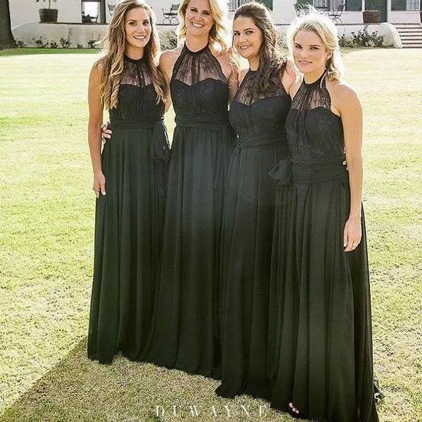 Black Chiffon Lace Halter Bridesmaid Dresses,Long Bridesmaid Dresses, TYP1203