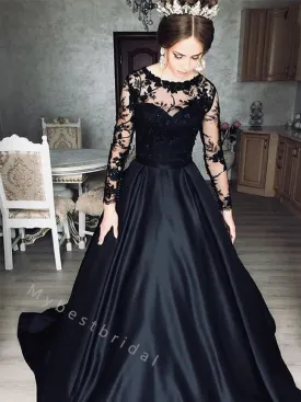 Black Elegant Sweetheart Long sleeves A-line Long Floor Length Prom Dress,PDS11499