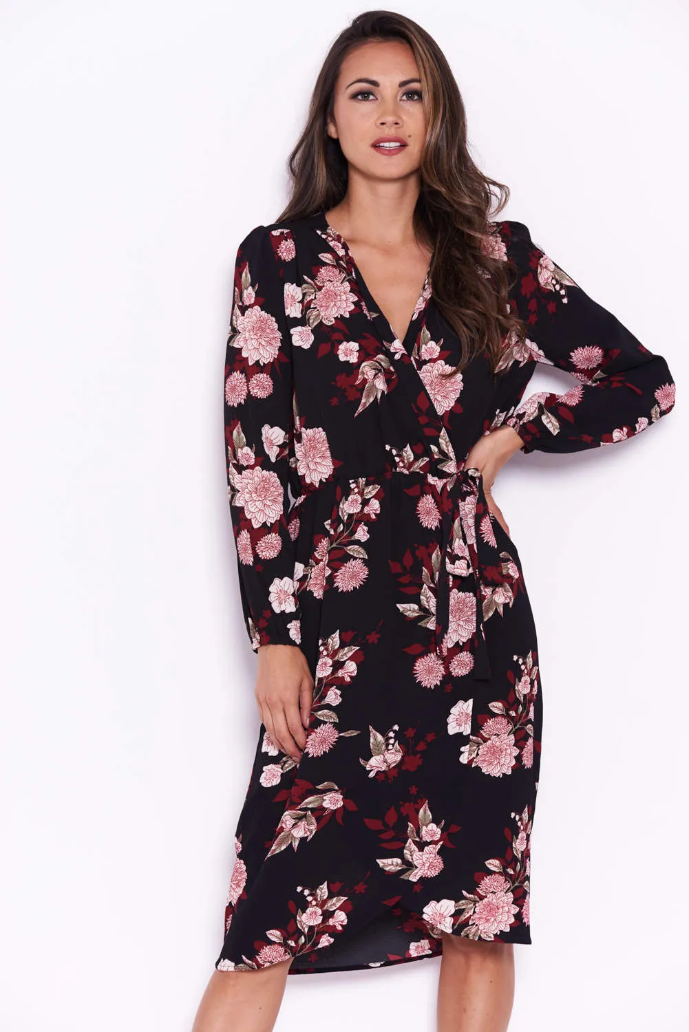 Black Floral Long Sleeve Wrap Dress