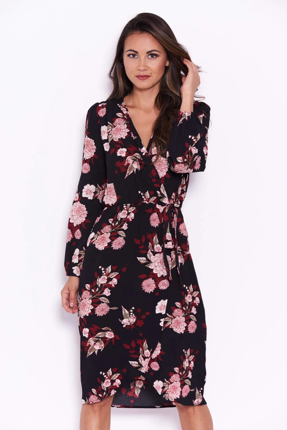 Black Floral Long Sleeve Wrap Dress