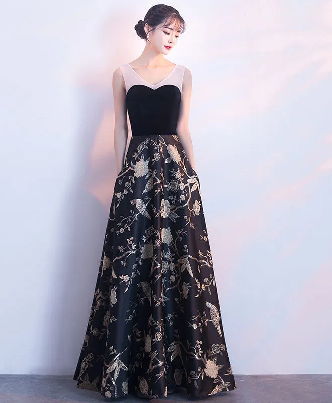 Black Floral Pattern Long Prom Dress, Black Evening Dress