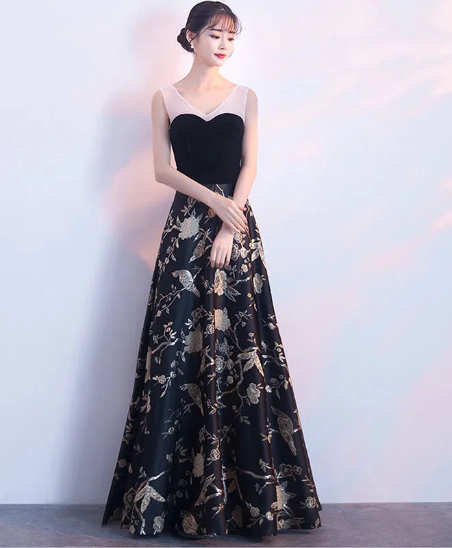 Black Floral Pattern Long Prom Dress, Black Evening Dress