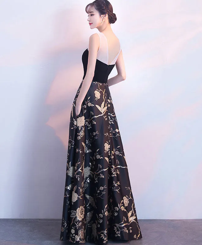 Black Floral Pattern Long Prom Dress, Black Evening Dress