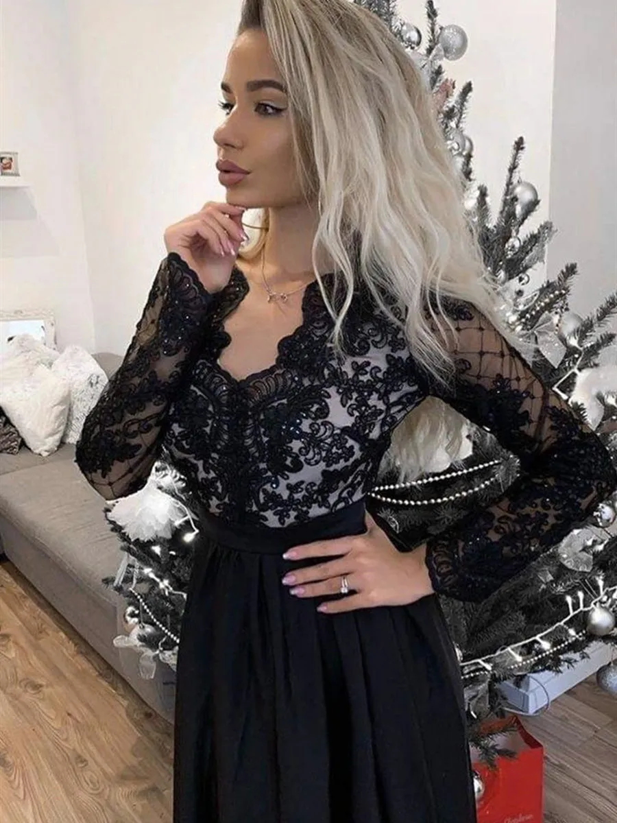 Black Long Sleeves A-line V Neck Satin Lace Formal Prom Dresses with High Slit