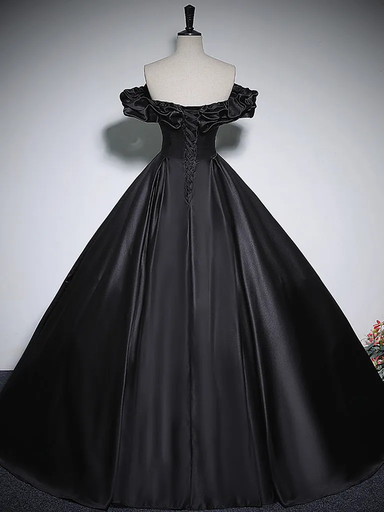 Black Off Shoulder Satin Long Prom Dress, Black Satin Evening Dress