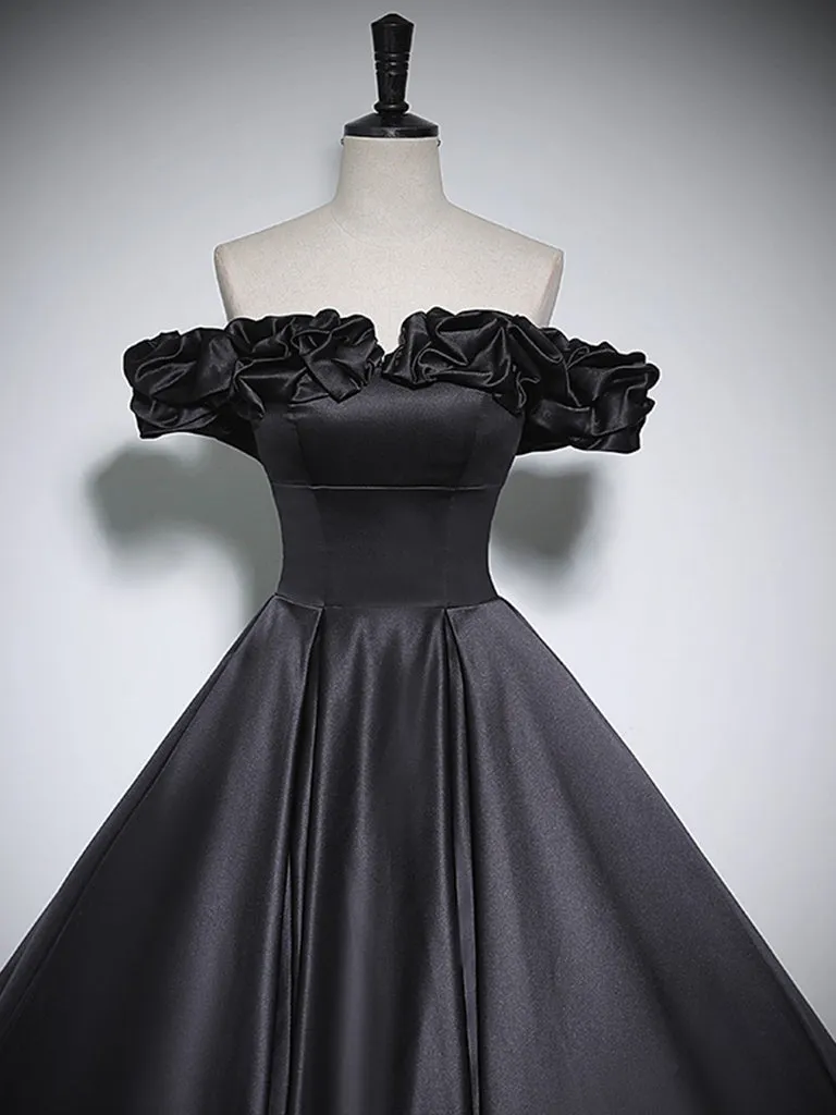 Black Off Shoulder Satin Long Prom Dress, Black Satin Evening Dress