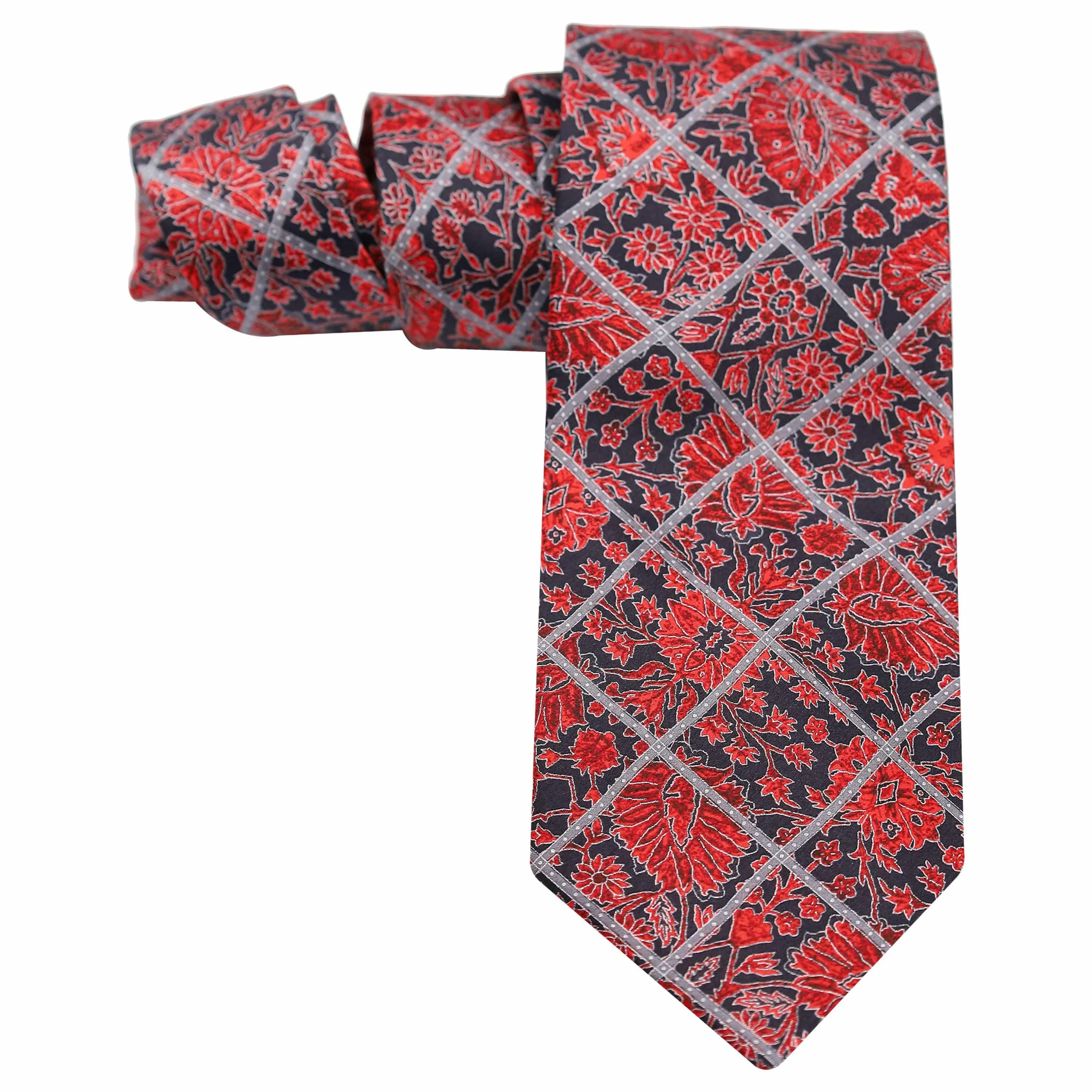 BLACK ON RED PETALS WITH SILVER OVERCHECK SILK TIE