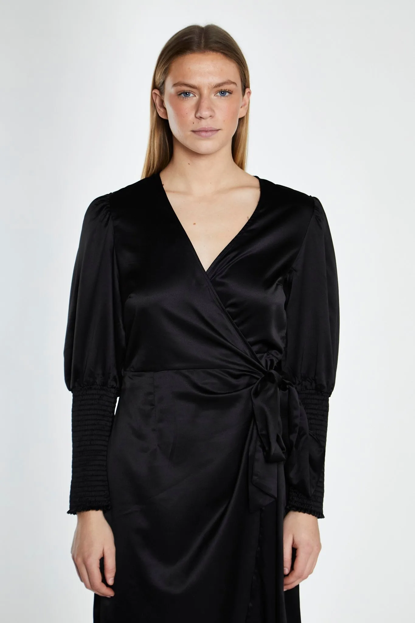 Black-Satin Shirred Cuff Wrap Maxi-Dress