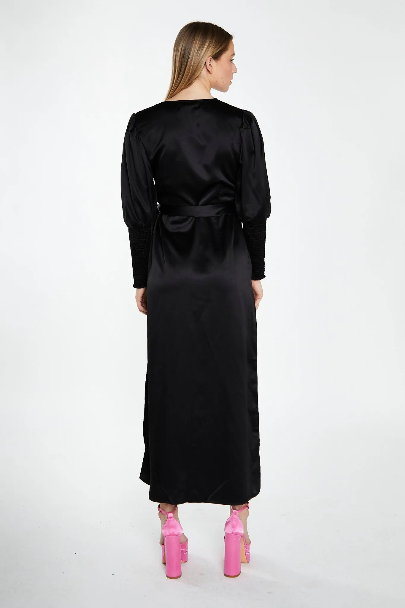 Black-Satin Shirred Cuff Wrap Maxi-Dress