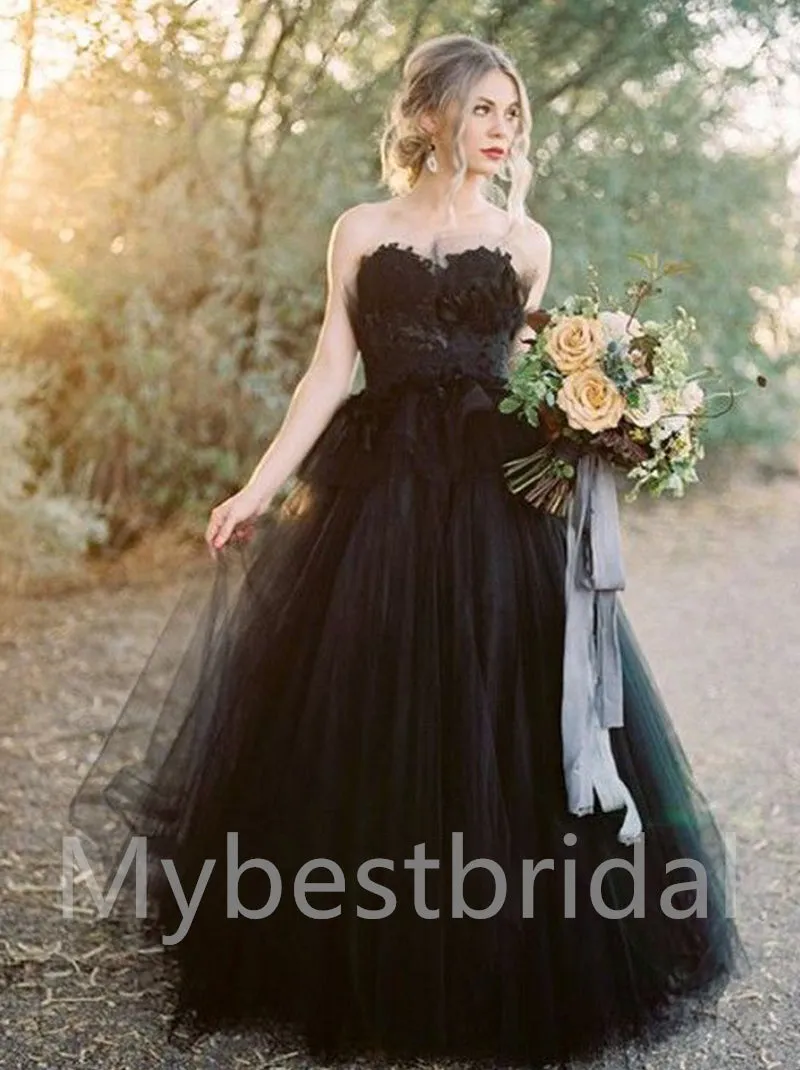 Black Sexy Sweetheart A-line Lace applique Wedding Dresses,WDY0309