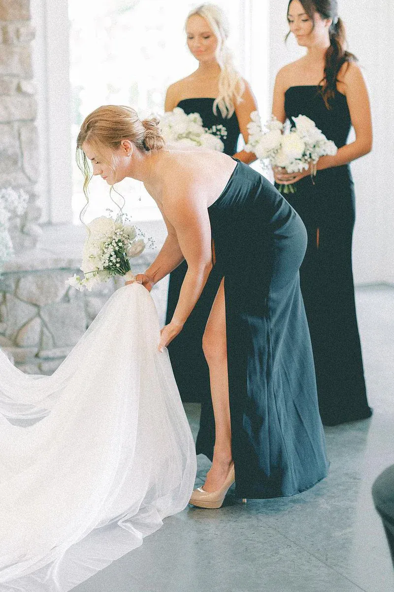 Black Strapless Long Bridesmaid Dresses,BD240807