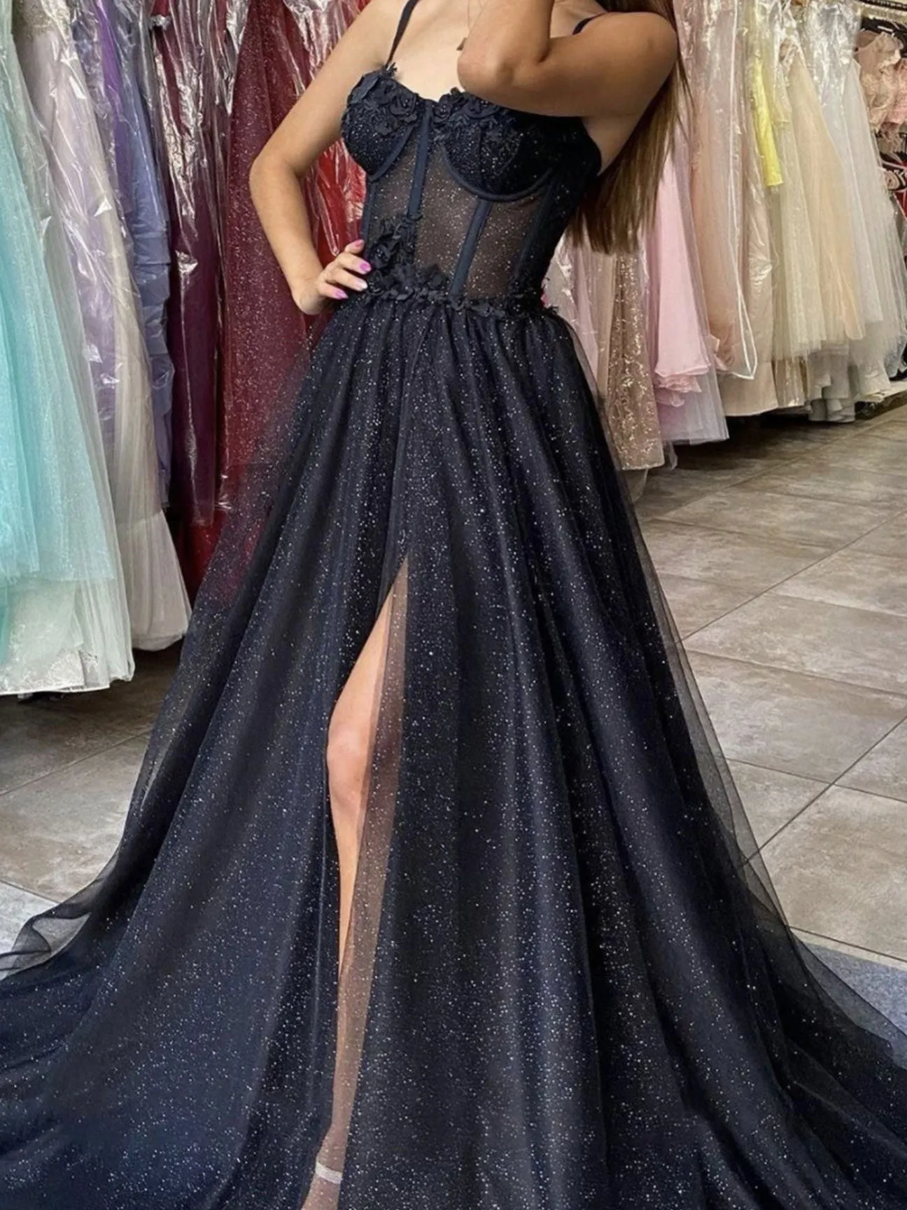 Black sweetheart neck tulle long prom dress, black tulle evening dress