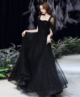 Black sweetheart off shoulder long prom dress, black tulle evening dress