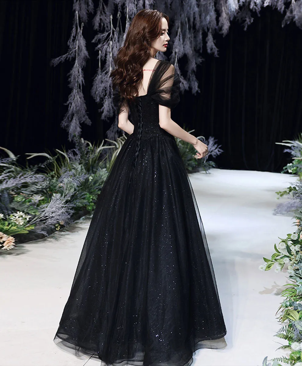 Black sweetheart off shoulder long prom dress, black tulle evening dress