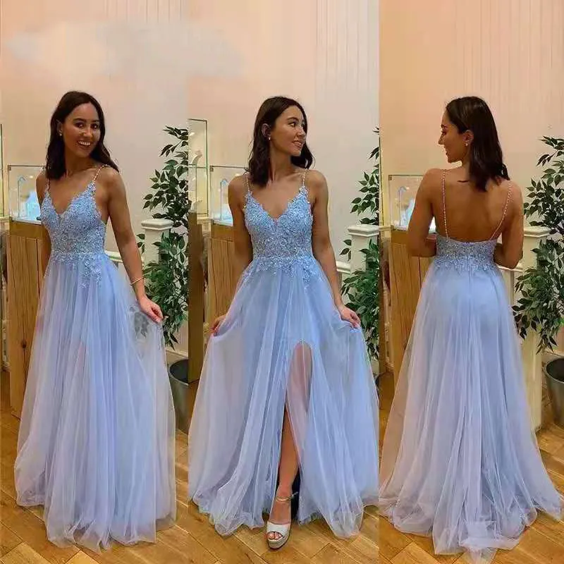 Blue Applique Lace V-Neck Tulle Formal Prom Dresses EV1016