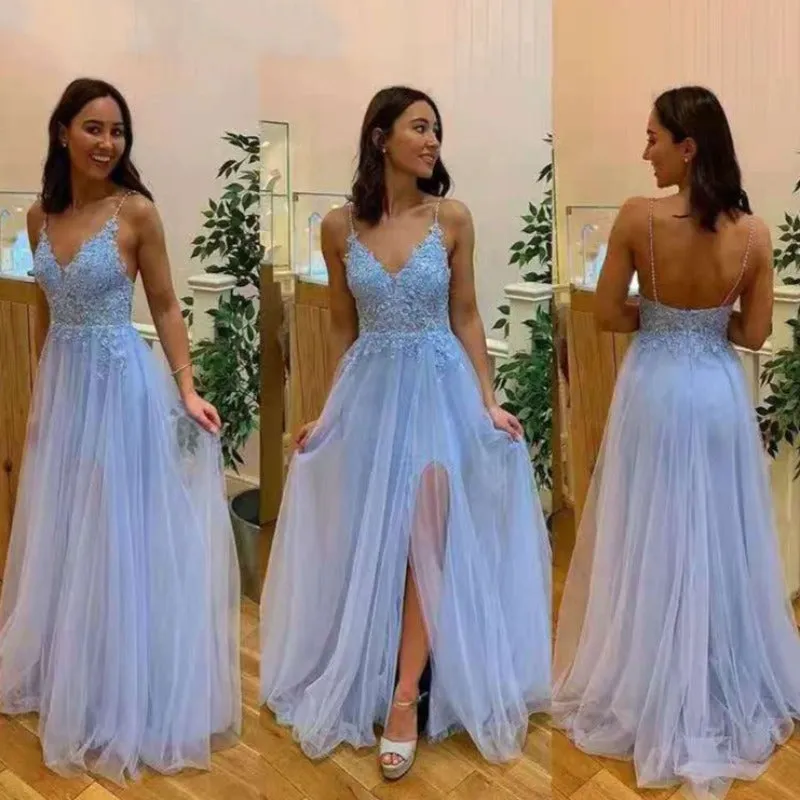 Blue Applique Lace V-Neck Tulle Formal Prom Dresses EV1016