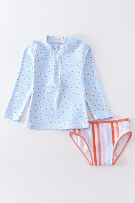 Blue floral print 2pc long sleeve rashguard swimsuit UPF50 