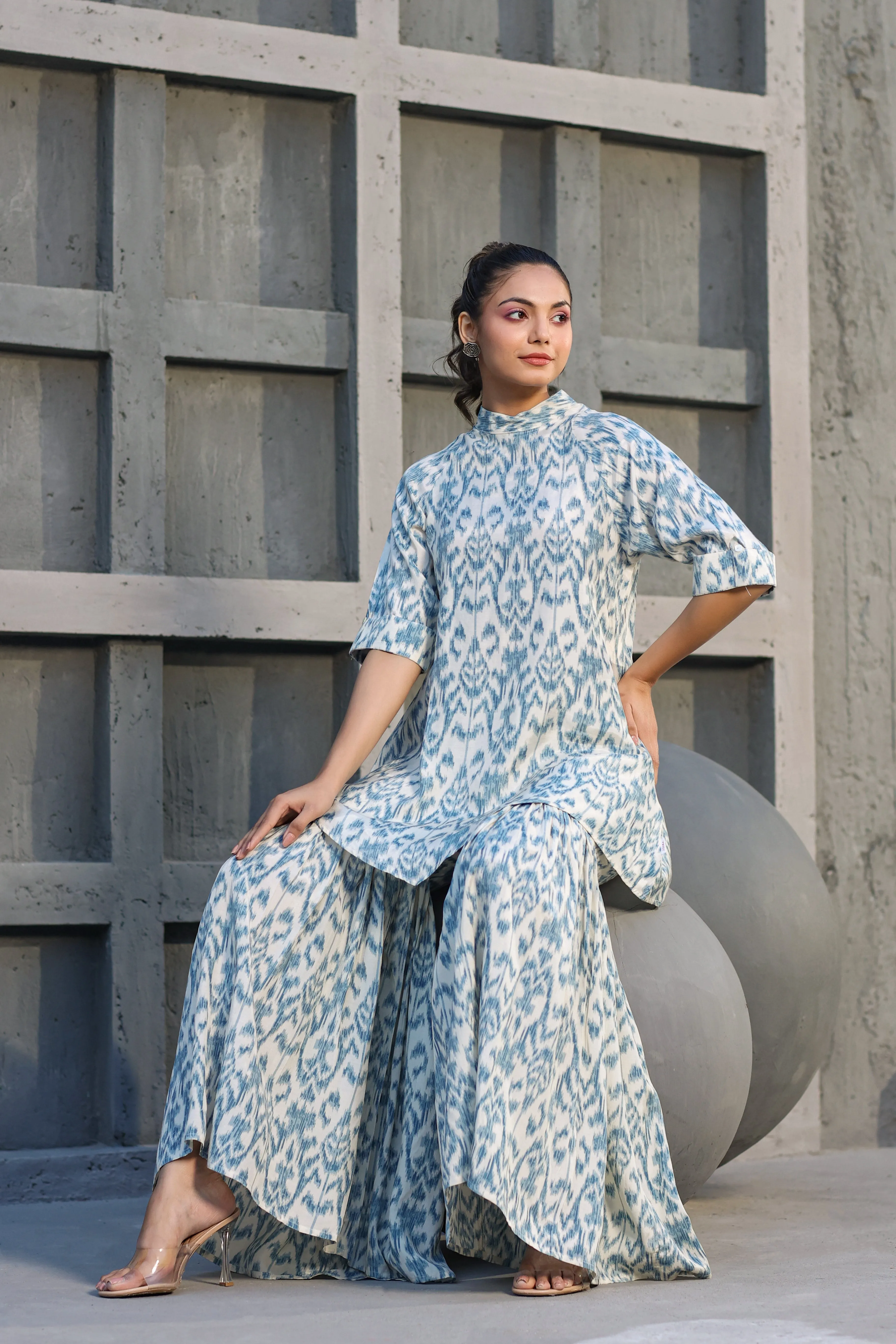 Blue Ikat on Silk Sharara Co ord Set