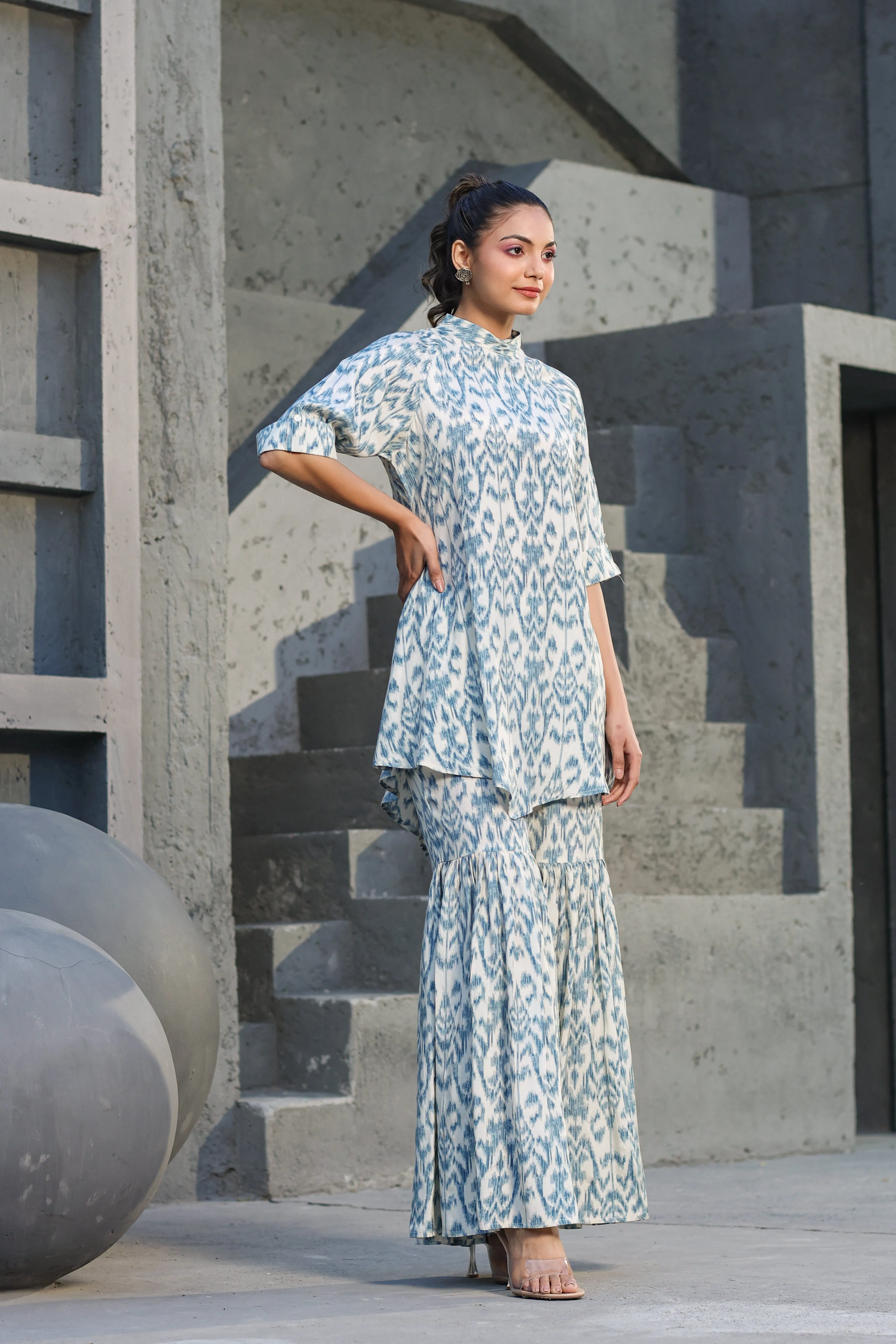 Blue Ikat on Silk Sharara Co ord Set