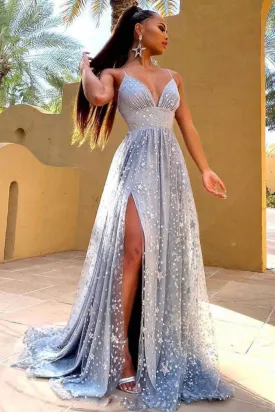 Blue v neck tulle long prom dress blue tulle formal dress