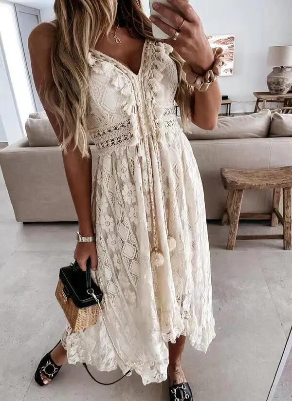 Bohemian Pom Pom Tie Lace High Low White Midi Beach Dress