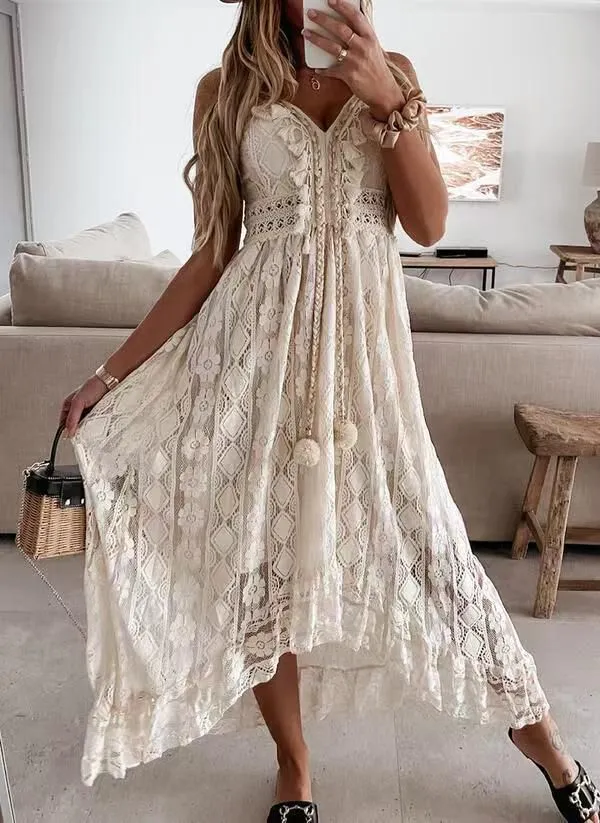 Bohemian Pom Pom Tie Lace High Low White Midi Beach Dress