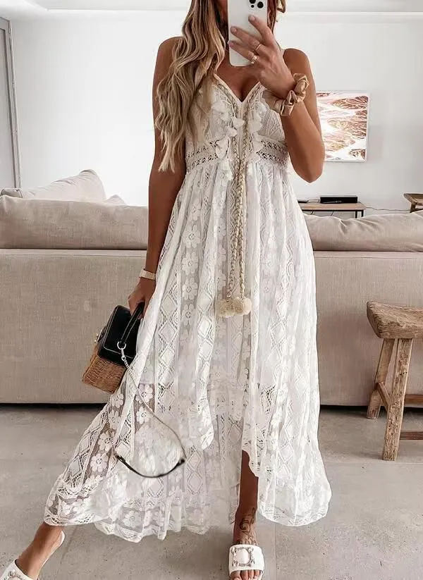 Bohemian Pom Pom Tie Lace High Low White Midi Beach Dress