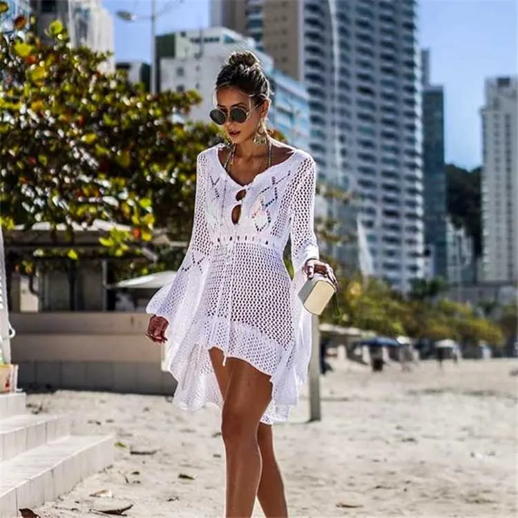 Boho High Low Puff Sleeve Crochet Beach Dress Swim Cover Ups