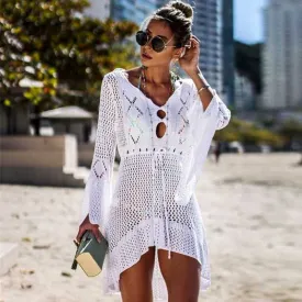 Boho High Low Puff Sleeve Crochet Beach Dress Swim Cover Ups