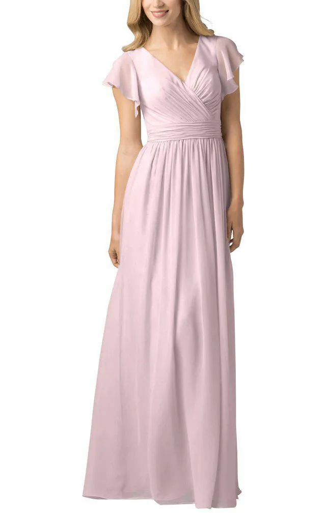 Butterfly Sleeves V-neck Chiffon Long Bridesmaid Dress - 102816