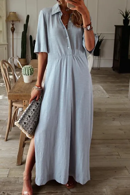 Button Half Sleeve Slit Shirt Dress