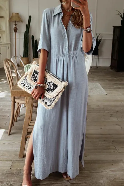 Button Half Sleeve Slit Shirt Dress