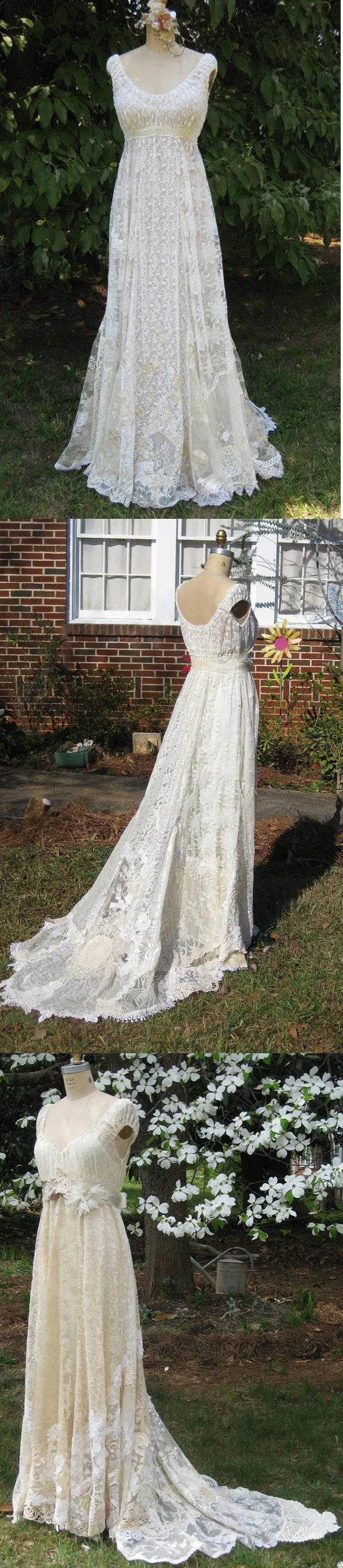 Cap-Sleeve Deep-V-Neck Vintage Lace Wedding Dress With Flower And Sweep Train-714972