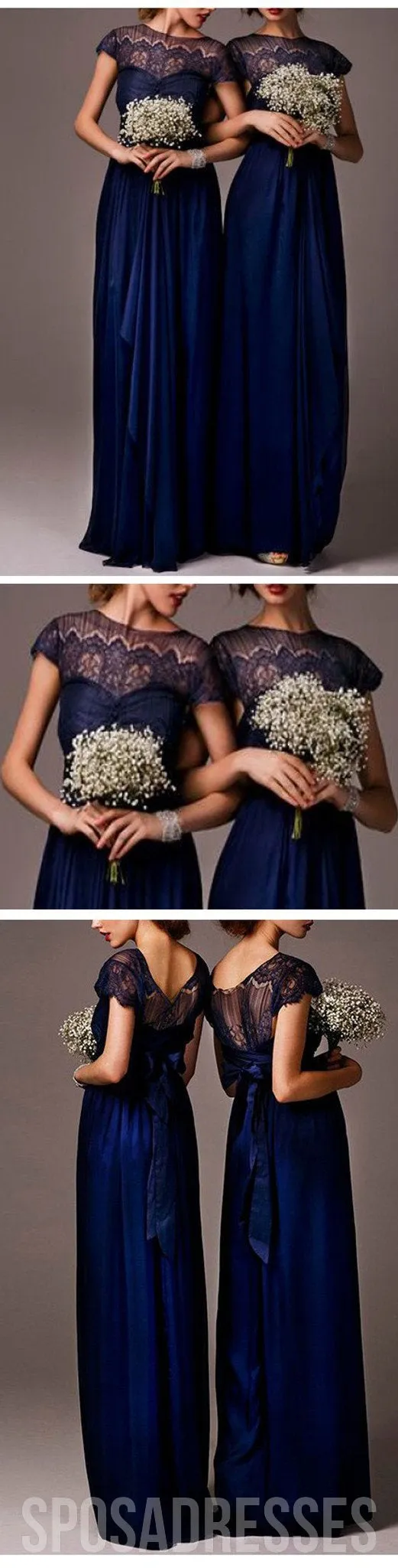 Cap Sleeve Seen-Through Lace Elegant Royal Blue Long Bridesmaid Dresses, WG030