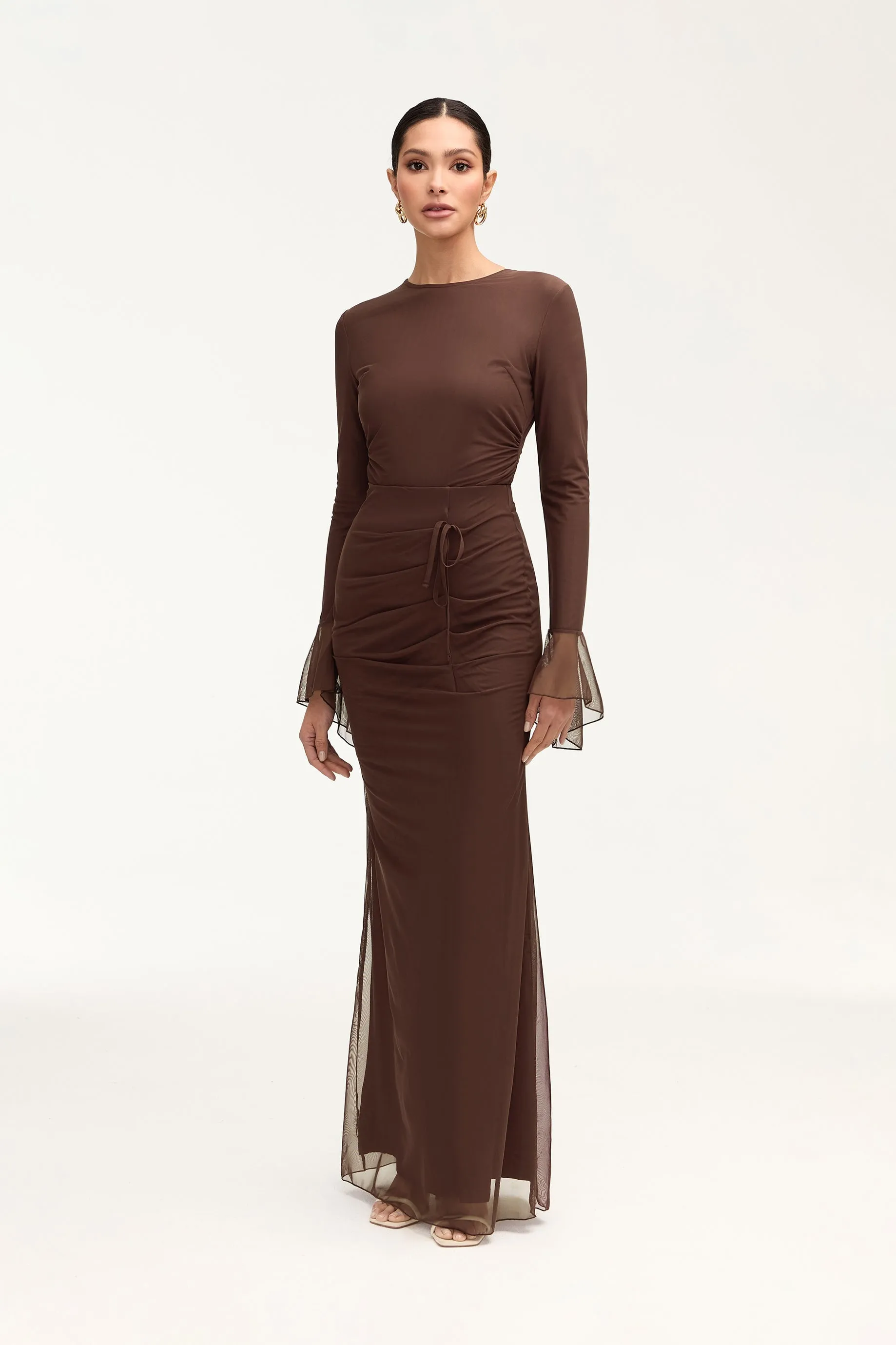 Capri Rouched Mesh Maxi Skirt - Espresso