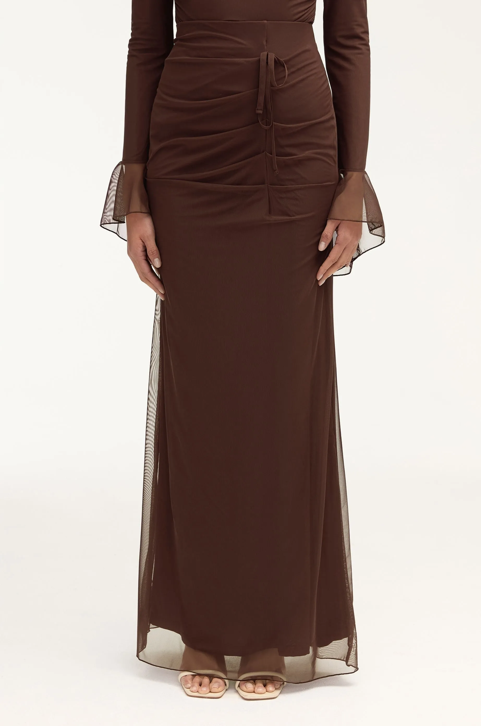 Capri Rouched Mesh Maxi Skirt - Espresso