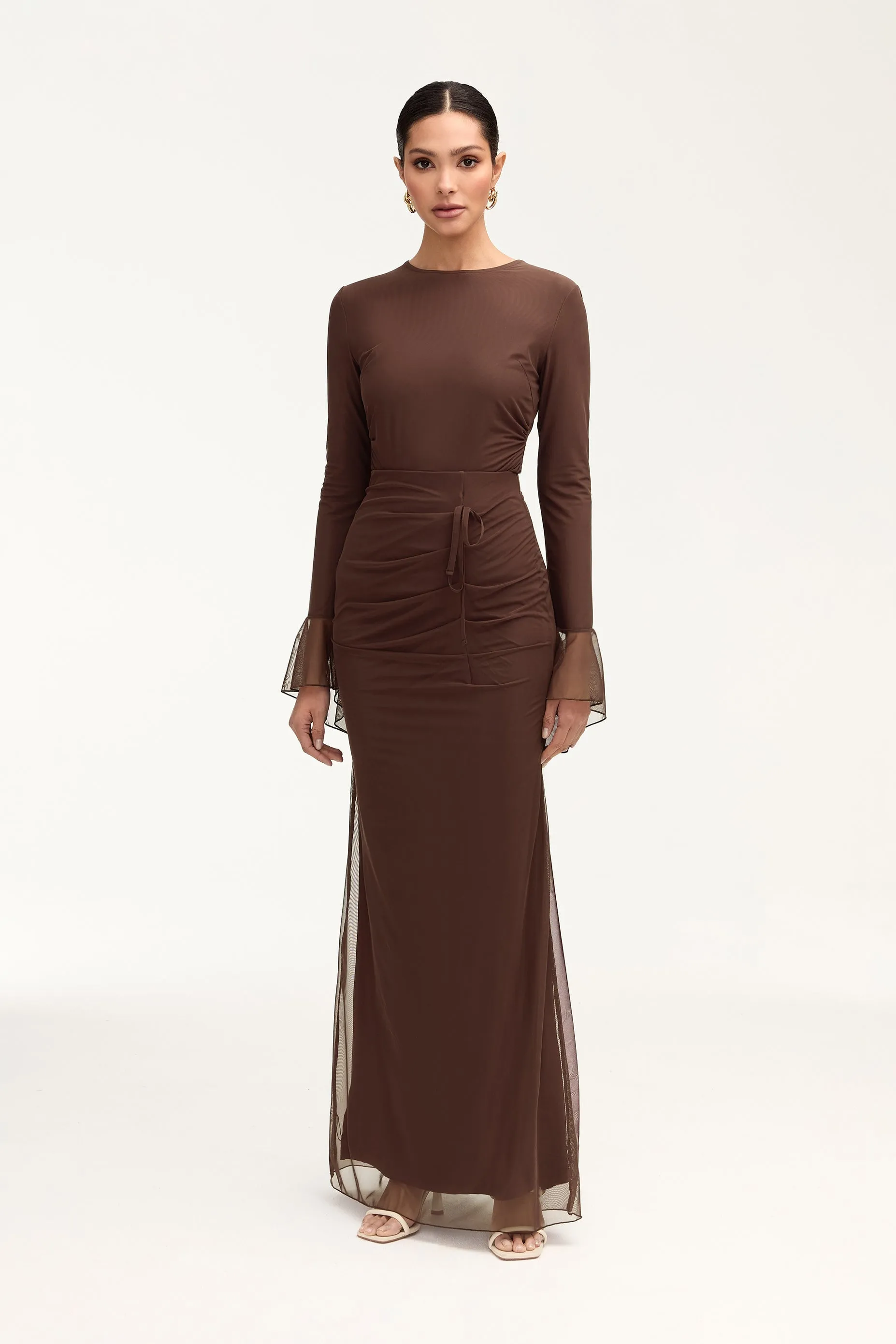 Capri Rouched Mesh Maxi Skirt - Espresso