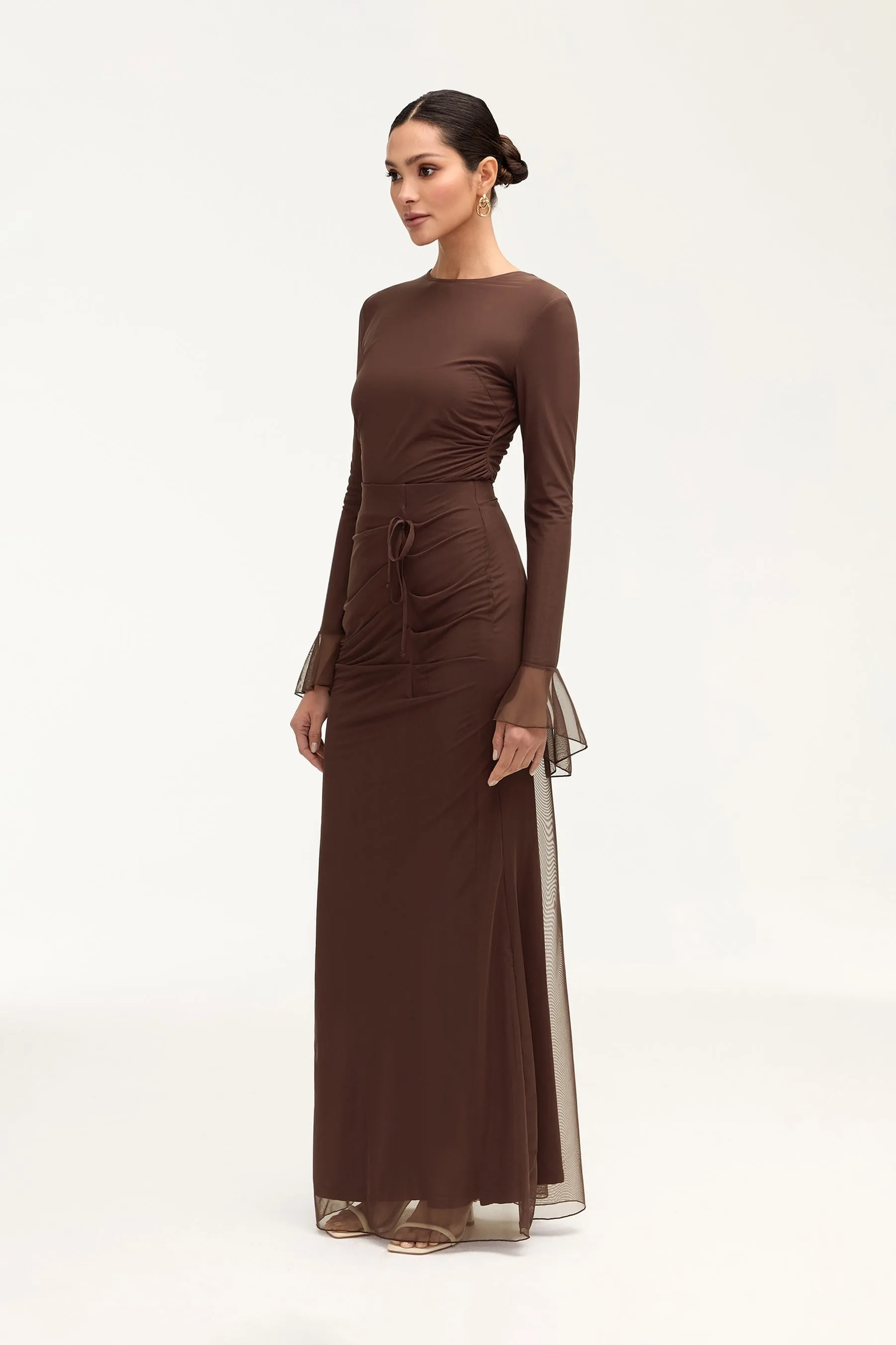 Capri Rouched Mesh Maxi Skirt - Espresso