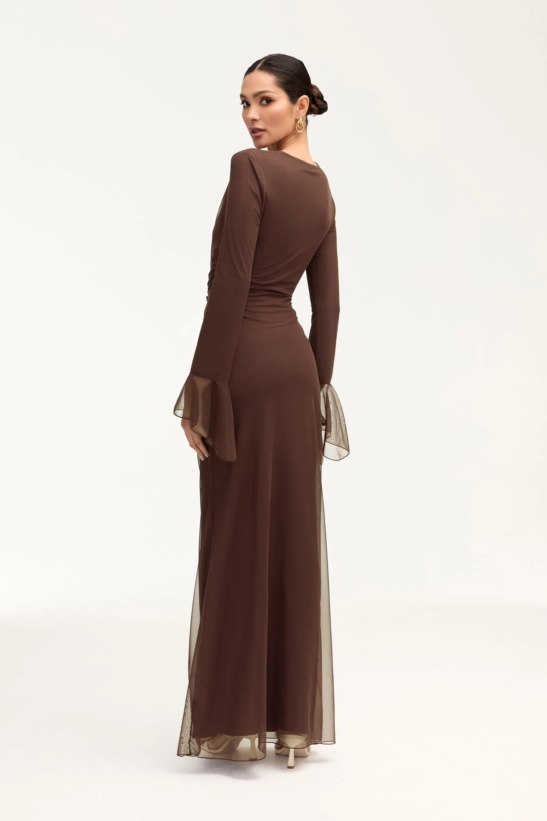 Capri Rouched Mesh Maxi Skirt - Espresso