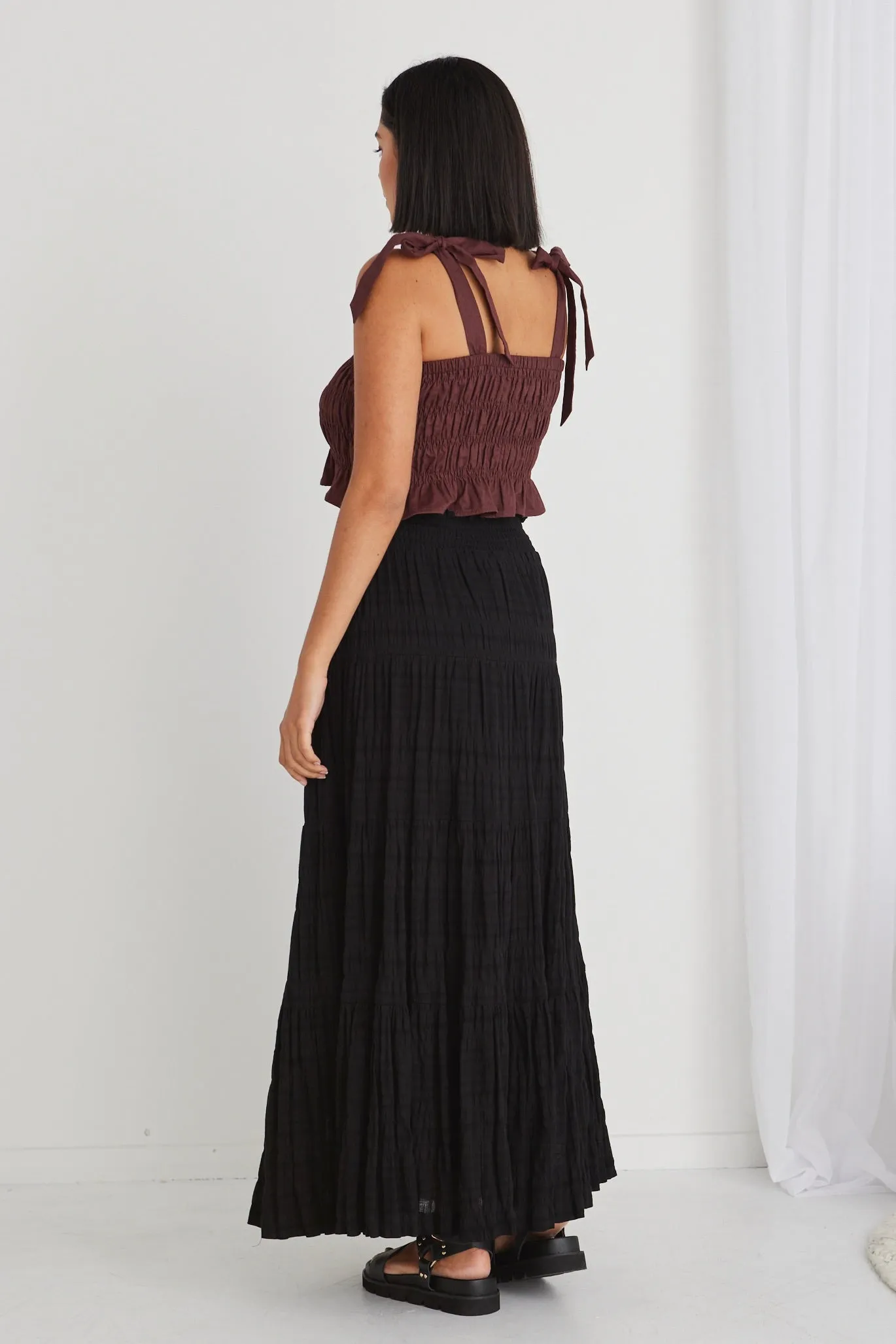 Charming Black Shirred Cotton Tiered Maxi Skirt