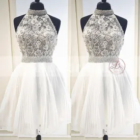 Charming Halter Beaded Sash Lace Top Chiffon For Teens Homecoming Dresses,BD00222