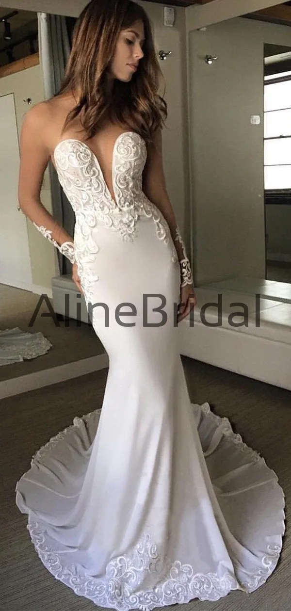 Charming Illusion Long Sleeve Lace Applique Mermaid Wedding Dresses, AB1515