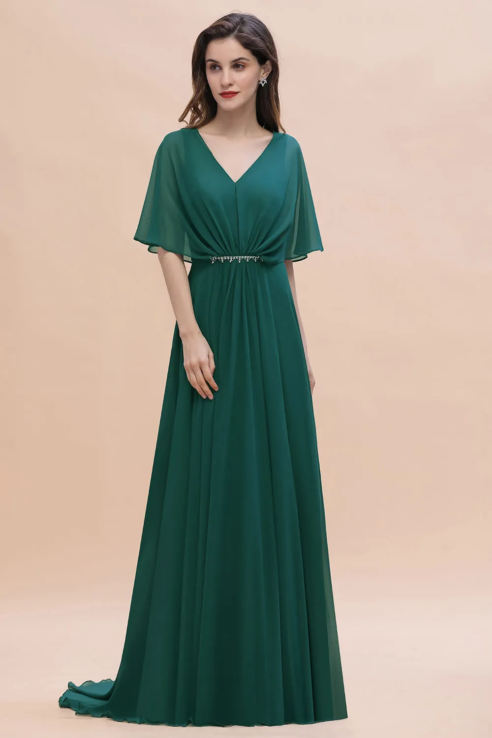 Charming Long A-line V-neck Chiffon Bridesmaid Dress With Sleeves