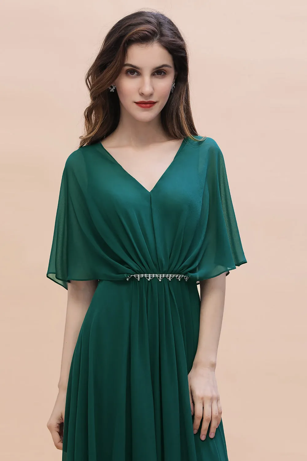 Charming Long A-line V-neck Chiffon Bridesmaid Dress With Sleeves