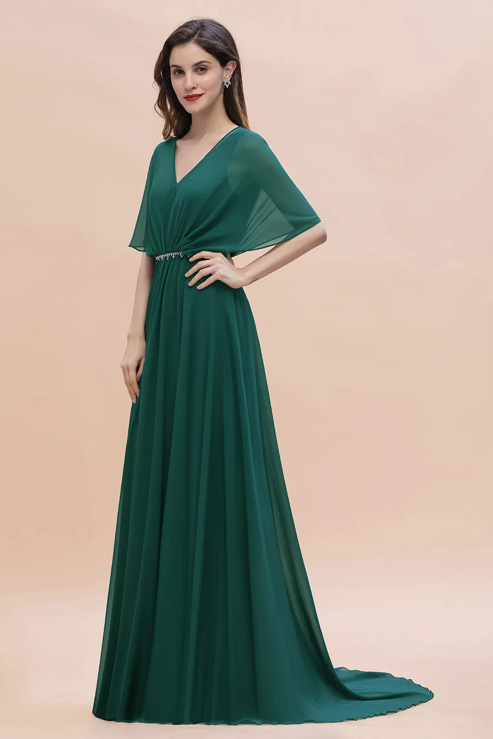 Charming Long A-line V-neck Chiffon Bridesmaid Dress With Sleeves