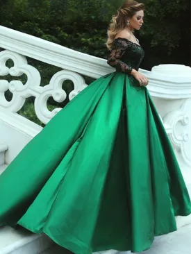 Charming Off Shoulder Black Appliques Green Satin Ball Gown Prom Gown Dresses,PD00047