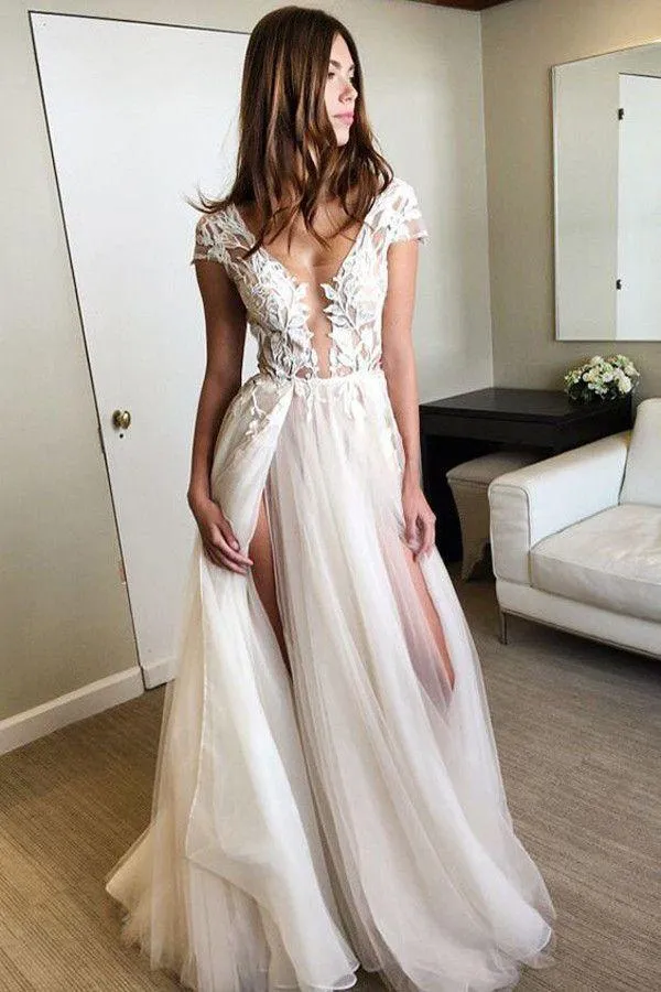 Charming Tulle V-neck Neckline Cap Sleeves A-line Wedding Dresses WD126