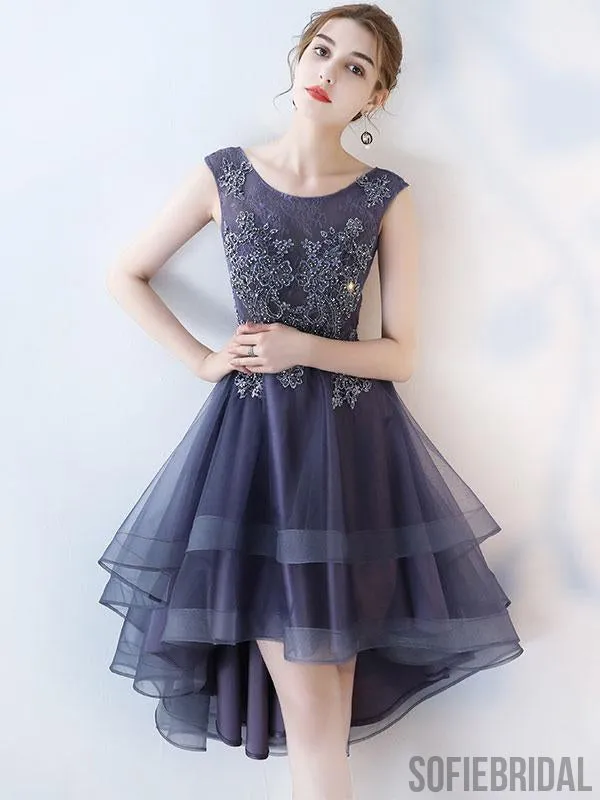 Cheap Ruffle Scoop Navy Lace Cute Homecoming Dresses 2018, CM469